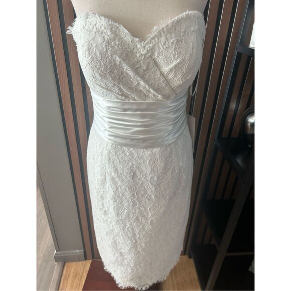 KNT LTD Wedding Short Mini Dress sz 6 Ivory lace Strapless Sheath - Picture 1 of 8